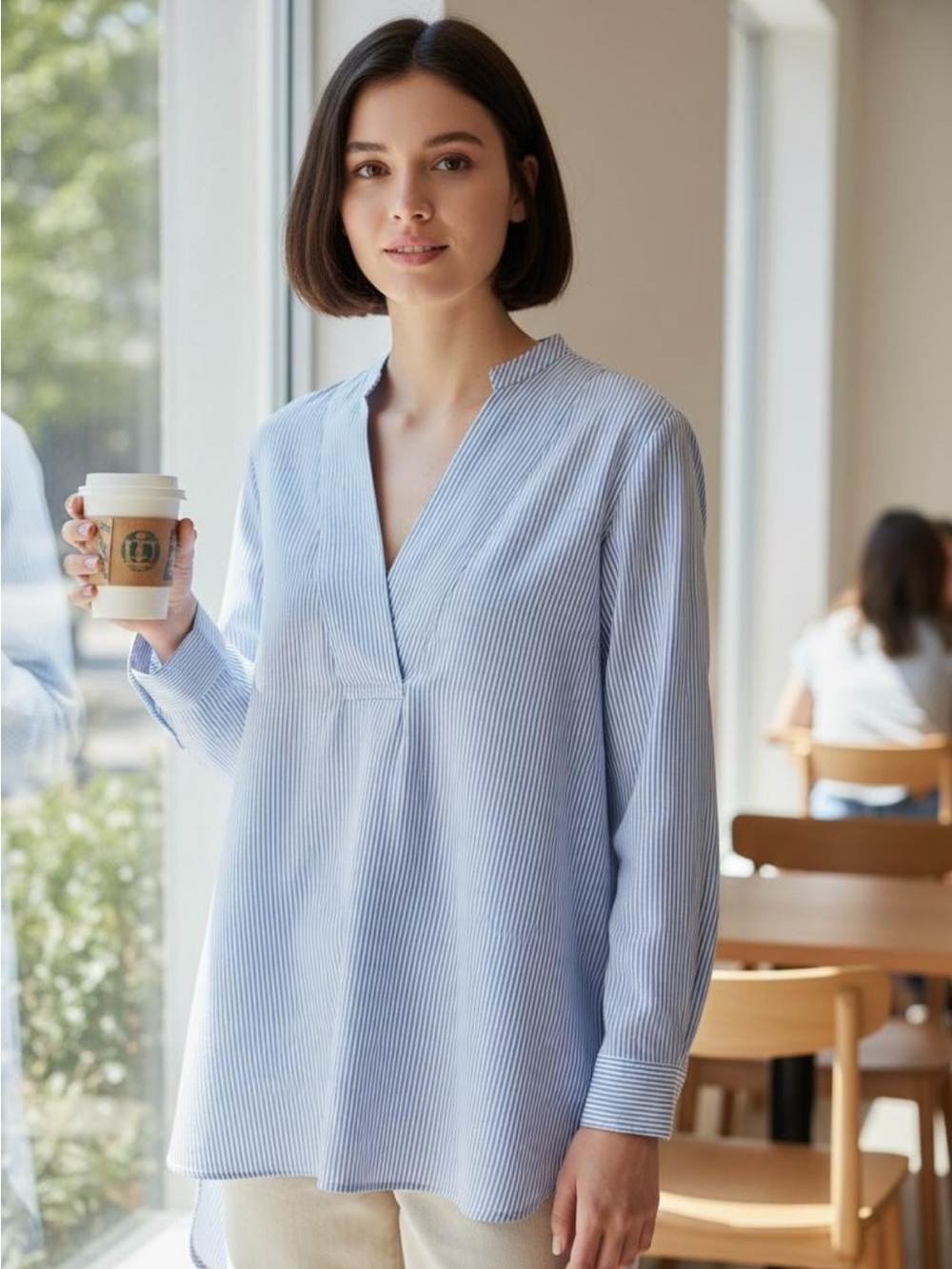 ANN MASHBURN Light Blue Pinstripe V-Neck Blouse